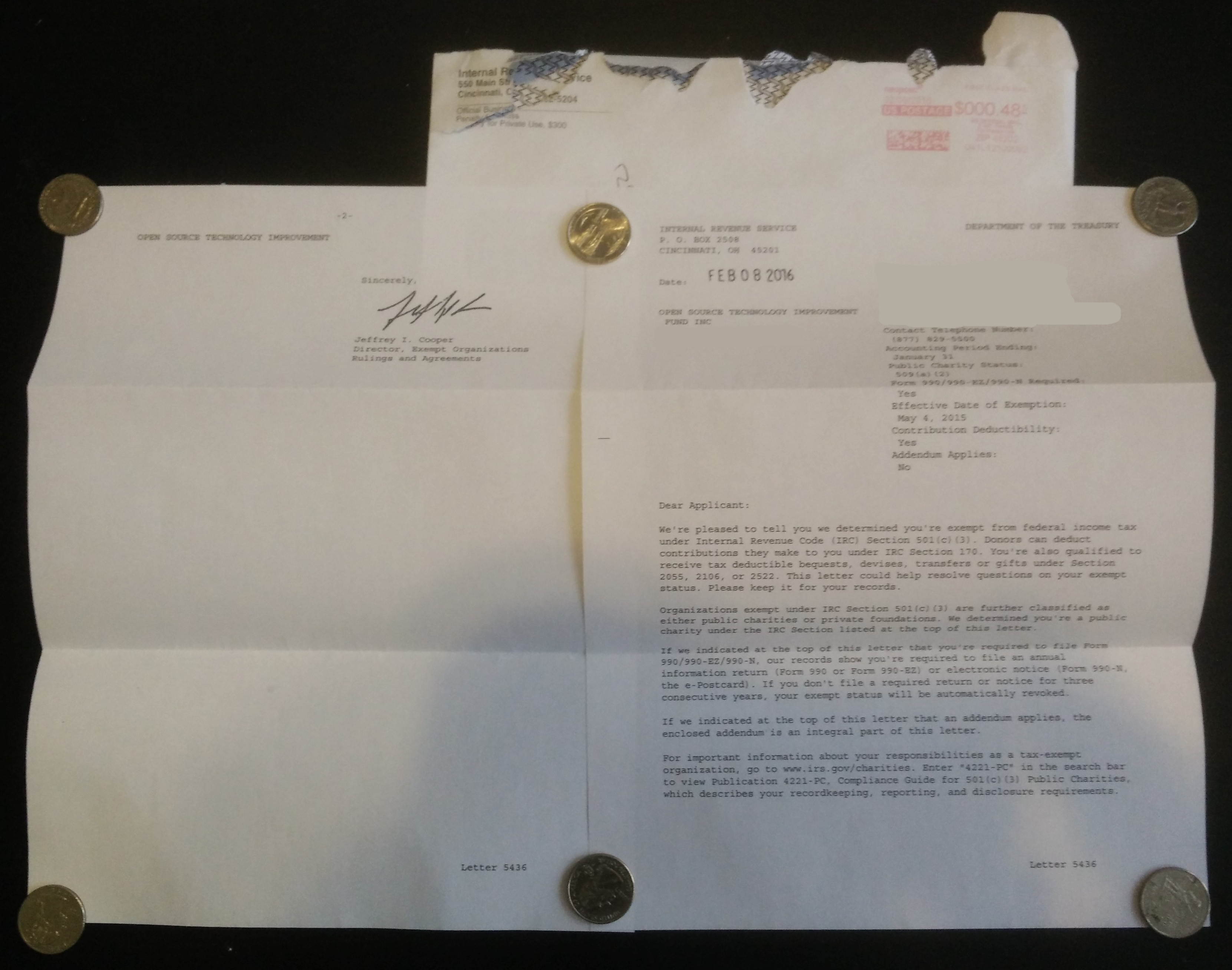 This is the IRS 501c3 certification letter from the US Treasury department. We are now an official charity.